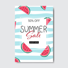 summer sale watermelon lettering badge design label season shopping for logo templates invitation greeting card prints and posters vertical vector illustration