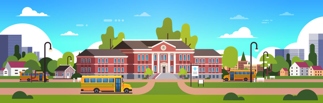 yellow bus in front of school building yard pupils transport concept 1 september cityscape background banner flat vector illustration