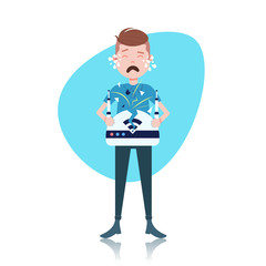 crying man character with broken wireless drone controller template for design work or animation over white background full length flat vector illustration