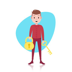 man character holding key lock template for design work or animation over white background full length flat vector illustration