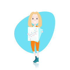 woman character holding financial market chart template for design work or animation over white background full length flat vector illustration
