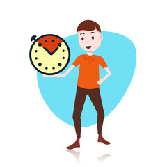 man character holding deadline clock template for design work or animation over white background full length flat vector illustration