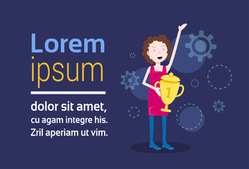woman character holding win prize golden cup template for design work or animation over blue background full length flat copy space horizontal vector illustration