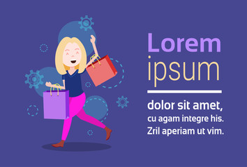 woman character holding shopping purchases bag template for design work or animation over blue background full length flat copy space horizontal vector illustration