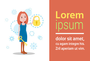 woman character holding key lock template for design work or animation over white background full length horizontal copy space flat vector illustration