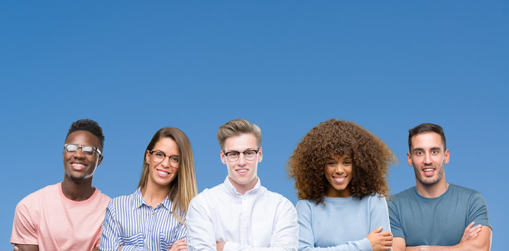 Composition of group of friends over blue blackground happy face smiling with crossed arms looking at the camera. Positive person.