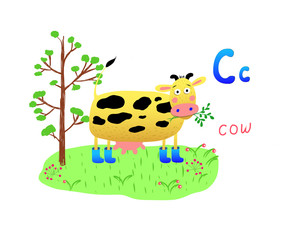 Bright Vector illustration with cow mowing grass, tree and letter C Alphabet C, poster, banner, logo, greeting card, cartoon character.