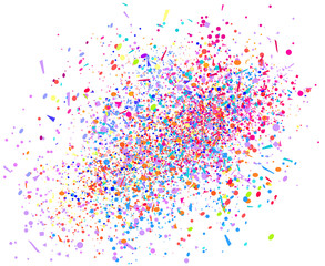 Colored pattern with falling multicolored confetti on white background. Texture with glitters for design. Greeting cards. Print for polygraphy, posters, banners and textiles