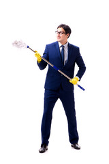 Handsome businessman with the mop isolated on white background 