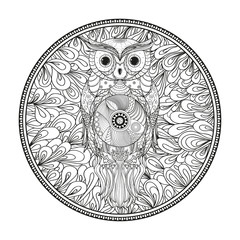 Zendala with owl on white. Design Zentangle. Hand drawn mandala with abstract patterns on isolation background. Design for spiritual relaxation for adults. Black and white illustration for coloring