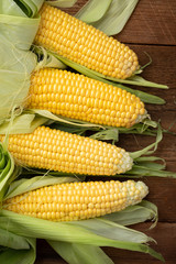 Fresh corn on cobs on rustic wooden table, closeup. Top view