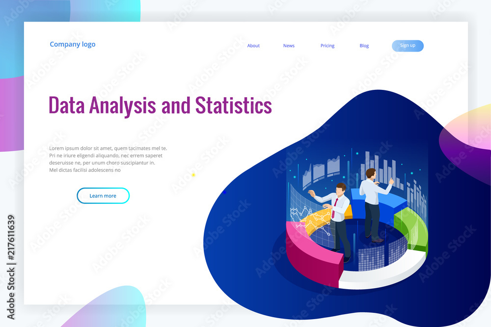 Poster isometric web banner data analysis and statistics concept. vector illustration business analytics, d