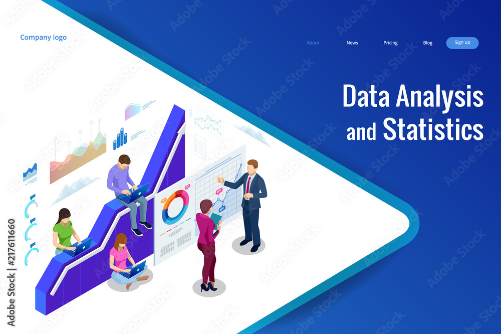 Poster isometric web banner data analysis and statistics concept. vector illustration business analytics, d