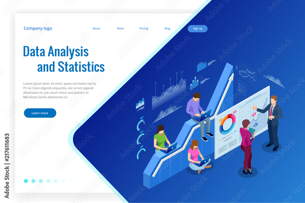 Poster isometric web banner data analysis and statistics concept. vector illustration business analytics, d