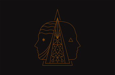 Symbol Human Heads. Pyramid dualism mystic occult illustration.