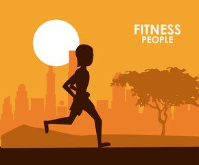 Fitness woman running at city sunset black silhouettes vector illustration graphic design