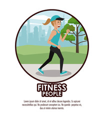 Fitness woman running at city round icon poster with information vector illustration graphic design