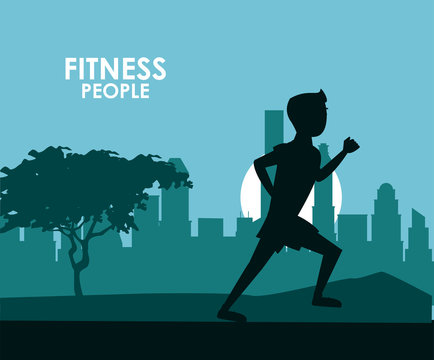 Fitness man running at city black silhouettes vector illustration graphic design