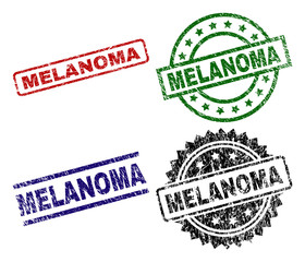 MELANOMA seal prints with corroded style. Black, green,red,blue vector rubber prints of MELANOMA tag with unclean style. Rubber seals with circle, rectangle, medallion shapes.