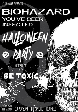 Stylish black and white Halloween invitation poster and card with skulls background. Printable hand drawn Halloween greeting flayer template with space for text. Vector.