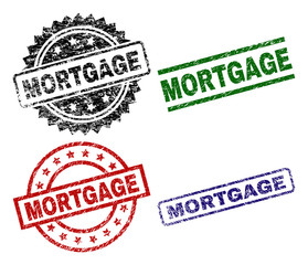 MORTGAGE seal prints with corroded texture. Black, green,red,blue vector rubber prints of MORTGAGE title with corroded surface. Rubber seals with circle, rectangle, medallion shapes.