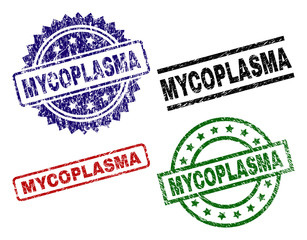 MYCOPLASMA seal prints with distress texture. Black, green,red,blue vector rubber prints of MYCOPLASMA title with grunge style. Rubber seals with round, rectangle, medal shapes.