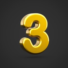 3D Golden number 3 isolated on black background.