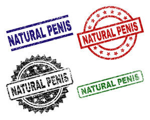 NATURAL PENIS seal prints with distress surface. Black, green,red,blue vector rubber prints of NATURAL PENIS label with dirty surface. Rubber seals with circle, rectangle, medallion shapes.