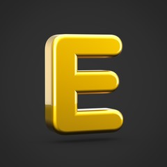 Golden letter E uppercase isolated on black background.