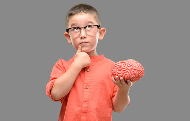 Dark haired little child with glasses holding a brain serious face thinking about question, very...