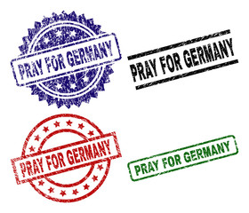 PRAY FOR GERMANY seal prints with damaged surface. Black, green,red,blue vector rubber prints of PRAY FOR GERMANY tag with dirty surface. Rubber seals with round, rectangle, medallion shapes.