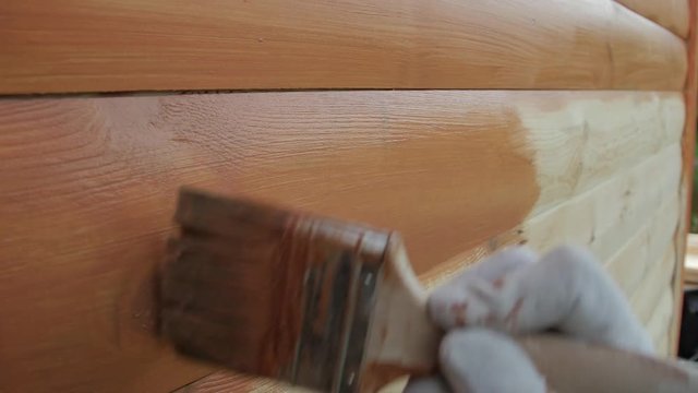 Wooden wall painting with a brush with the brown color, close up, slow motion.