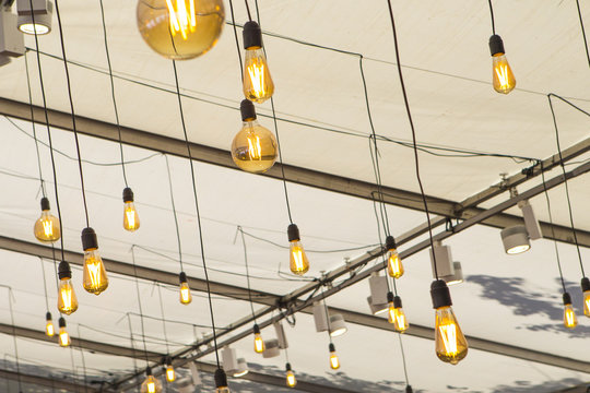 Group of Incandescent Lamps of Different Forms and Shapes Hanged Over The Roof Indoors