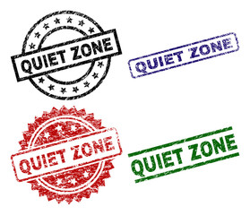 QUIET ZONE seal prints with damaged style. Black, green,red,blue vector rubber prints of QUIET ZONE text with corroded style. Rubber seals with circle, rectangle, rosette shapes.