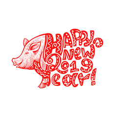 Cute Pig Snout in Red Color with Happy New Year 2019 Lettering. Isolated Swine Astrology Symbol with Patterned Letters. Use for Laser Cutting and Christmas Gift Design