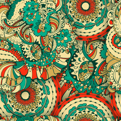Flower Seamless Pattern or Floral Slavic Ornate, Ethnic Background or Polish Backdrop, Vintage or Old Eastern Motif. Handmade Fabric or Natural Decorative Wallpaper for Christmas Ornament