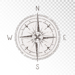 Vector illustration with a vintage textured compass or wind rose and grunge texture elements on transparent background. With basic directions North, East, South and West. © nadezhdash