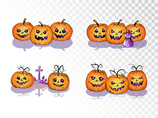 Vector set of cartoon Pumpkins on transparent background. Halloween collection.