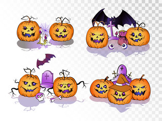 Vector set of smiling Pumpkins on transparent background. Halloween collection.
