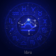 Zodiac sign and constellation LIBRA with Horoscope circle and sacred symbols on the starry night sky background. Vector illustrations in blue color.