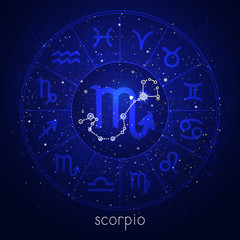 Zodiac sign and constellation SCORPIO with Horoscope circle and sacred symbols on the starry night sky background. Vector illustrations in blue color.