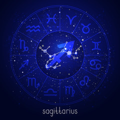 Zodiac sign and constellation SAGITTARIUS with Horoscope circle and sacred symbols on the starry night sky background. Vector illustrations in blue color.