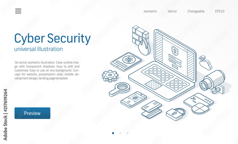 Poster cyber security modern isometric line illustration. internet safety sketch drawn icon. abstract 3d ve