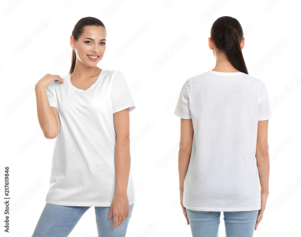 Poster Front and back views of young woman in blank t-shirt on white background. Mockup for design