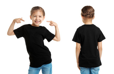 Front and back views of little girl in black t-shirt on white background. Mockup for design