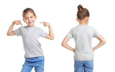 Front and back views of little girl in grey t-shirt on white background. Mockup for design