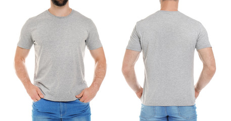 Front and back views of young man in grey t-shirt on white background. Mockup for design © New Africa