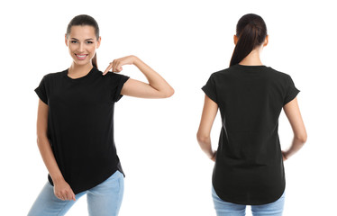 Front and back views of young woman in black t-shirt on white background. Mockup for design