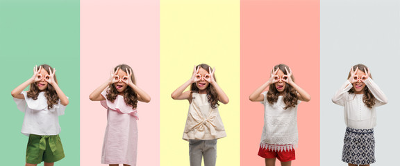 Collage of brunette hispanic girl wearing different outfits doing ok gesture like binoculars sticking tongue out, eyes looking through fingers. Crazy expression.