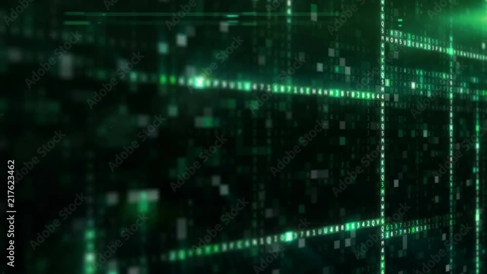 Wall mural Randomly generated computer hexadecimal machine code abstract technological background of a seamless loop in green color